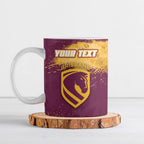 Personalised Brisbane Broncos Rugby Ceramic Mug Bronx Mascot Grunge Maroon Gold - Sporty Splash Art Style
