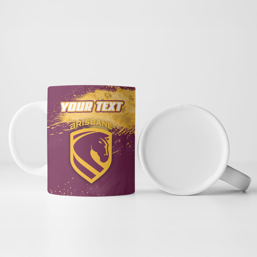 Personalised Brisbane Broncos Rugby Ceramic Mug Bronx Mascot Grunge Maroon Gold - Sporty Splash Art Style