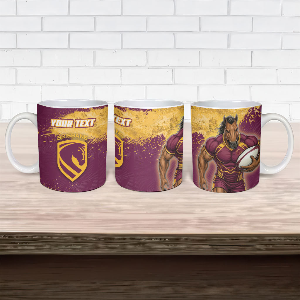 Personalised Brisbane Broncos Rugby Ceramic Mug Bronx Mascot Grunge Maroon Gold - Sporty Splash Art Style