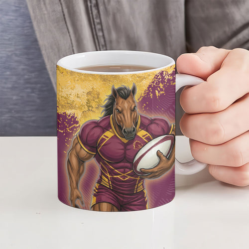 Personalised Brisbane Broncos Rugby Ceramic Mug Bronx Mascot Grunge Maroon Gold - Sporty Splash Art Style
