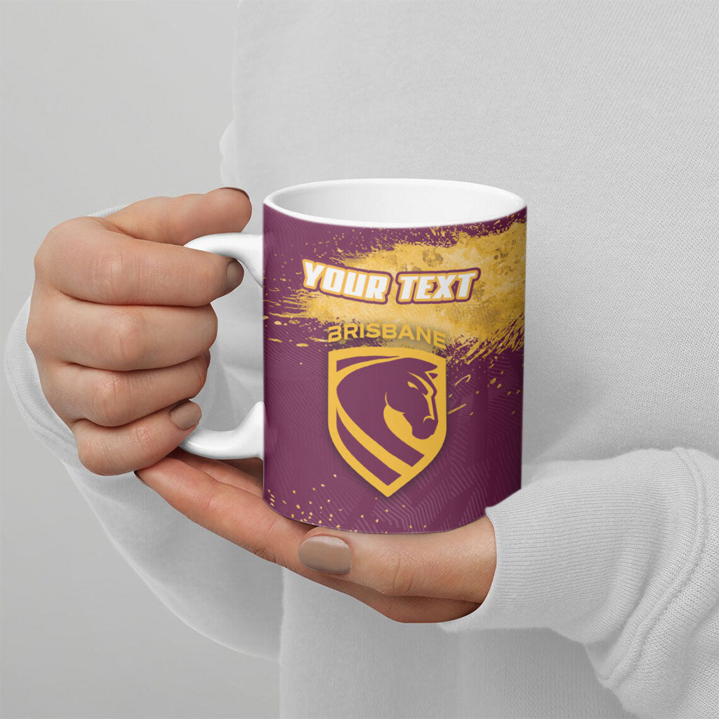 Personalised Brisbane Broncos Rugby Ceramic Mug Bronx Mascot Grunge Maroon Gold - Sporty Splash Art Style