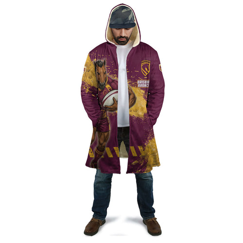 Personalised Brisbane Broncos Rugby Cloak Bronx Mascot Grunge Maroon Gold - Sporty Splash Art Style