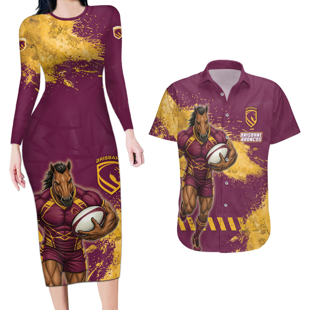 Personalised Brisbane Broncos Rugby Couples Matching Long Sleeve Bodycon Dress and Hawaiian Shirt Bronx Mascot Grunge Maroon Gold - Sporty Splash Art Style