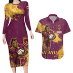 Personalised Brisbane Broncos Rugby Couples Matching Long Sleeve Bodycon Dress and Hawaiian Shirt Bronx Mascot Grunge Maroon Gold - Sporty Splash Art Style