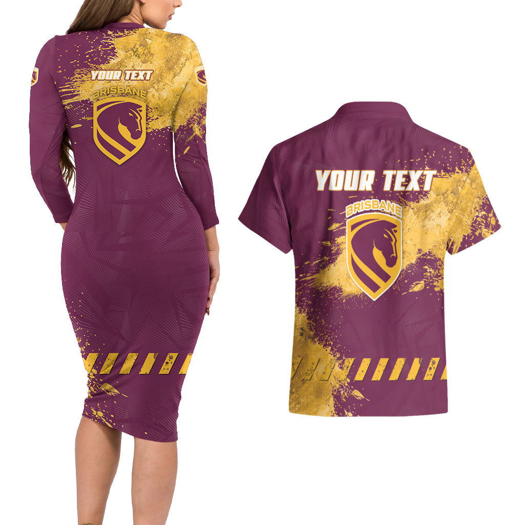Personalised Brisbane Broncos Rugby Couples Matching Long Sleeve Bodycon Dress and Hawaiian Shirt Bronx Mascot Grunge Maroon Gold - Sporty Splash Art Style