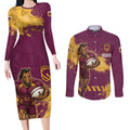 Personalised Brisbane Broncos Rugby Couples Matching Long Sleeve Bodycon Dress and Long Sleeve Button Shirt Bronx Mascot Grunge Maroon Gold - Sporty Splash Art Style