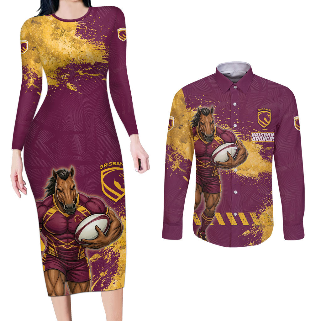 Personalised Brisbane Broncos Rugby Couples Matching Long Sleeve Bodycon Dress and Long Sleeve Button Shirt Bronx Mascot Grunge Maroon Gold - Sporty Splash Art Style