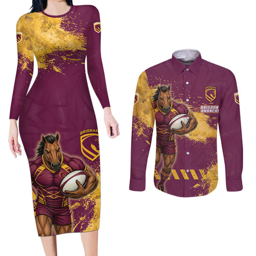 Personalised Brisbane Broncos Rugby Couples Matching Long Sleeve Bodycon Dress and Long Sleeve Button Shirt Bronx Mascot Grunge Maroon Gold - Sporty Splash Art Style