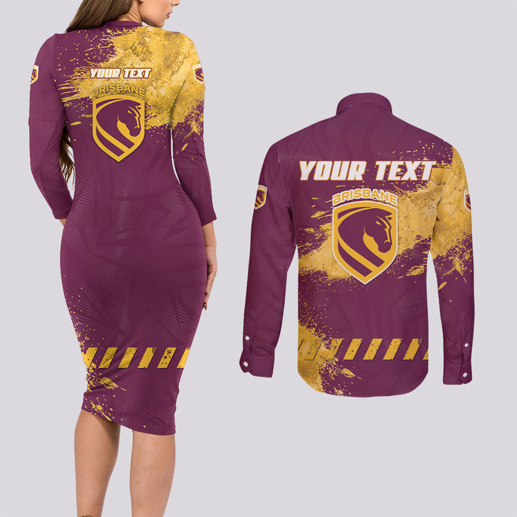 Personalised Brisbane Broncos Rugby Couples Matching Long Sleeve Bodycon Dress and Long Sleeve Button Shirt Bronx Mascot Grunge Maroon Gold - Sporty Splash Art Style