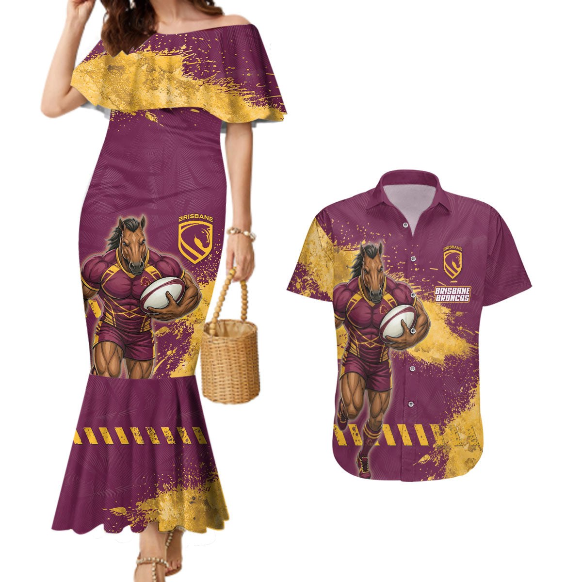 Personalised Brisbane Broncos Rugby Couples Matching Mermaid Dress and Hawaiian Shirt Bronx Mascot Grunge Maroon Gold - Sporty Splash Art Style