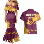 Personalised Brisbane Broncos Rugby Couples Matching Mermaid Dress and Hawaiian Shirt Bronx Mascot Grunge Maroon Gold - Sporty Splash Art Style