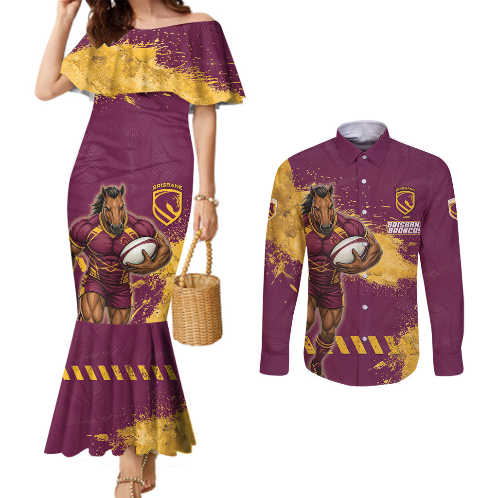 Personalised Brisbane Broncos Rugby Couples Matching Mermaid Dress and Long Sleeve Button Shirt Bronx Mascot Grunge Maroon Gold - Sporty Splash Art Style