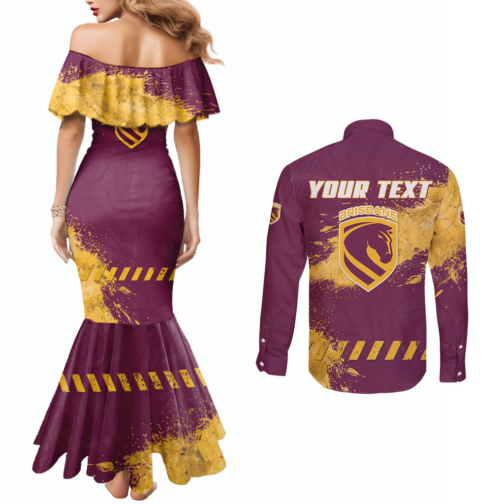 Personalised Brisbane Broncos Rugby Couples Matching Mermaid Dress and Long Sleeve Button Shirt Bronx Mascot Grunge Maroon Gold - Sporty Splash Art Style