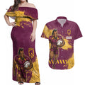 Personalised Brisbane Broncos Rugby Couples Matching Off Shoulder Maxi Dress and Hawaiian Shirt Bronx Mascot Grunge Maroon Gold - Sporty Splash Art Style