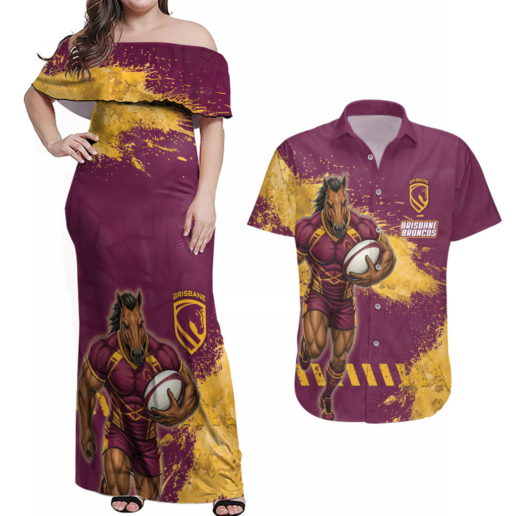 Personalised Brisbane Broncos Rugby Couples Matching Off Shoulder Maxi Dress and Hawaiian Shirt Bronx Mascot Grunge Maroon Gold - Sporty Splash Art Style