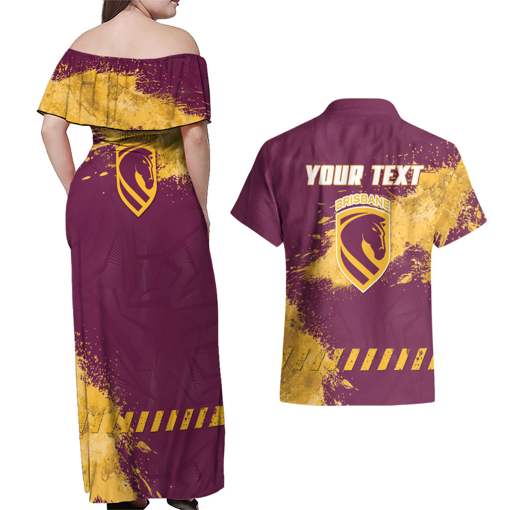 Personalised Brisbane Broncos Rugby Couples Matching Off Shoulder Maxi Dress and Hawaiian Shirt Bronx Mascot Grunge Maroon Gold - Sporty Splash Art Style