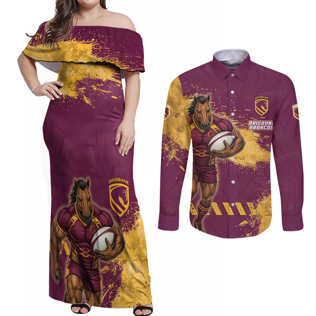 Personalised Brisbane Broncos Rugby Couples Matching Off Shoulder Maxi Dress and Long Sleeve Button Shirt Bronx Mascot Grunge Maroon Gold - Sporty Splash Art Style