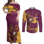 Personalised Brisbane Broncos Rugby Couples Matching Off Shoulder Maxi Dress and Long Sleeve Button Shirt Bronx Mascot Grunge Maroon Gold - Sporty Splash Art Style