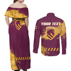 Personalised Brisbane Broncos Rugby Couples Matching Off Shoulder Maxi Dress and Long Sleeve Button Shirt Bronx Mascot Grunge Maroon Gold - Sporty Splash Art Style