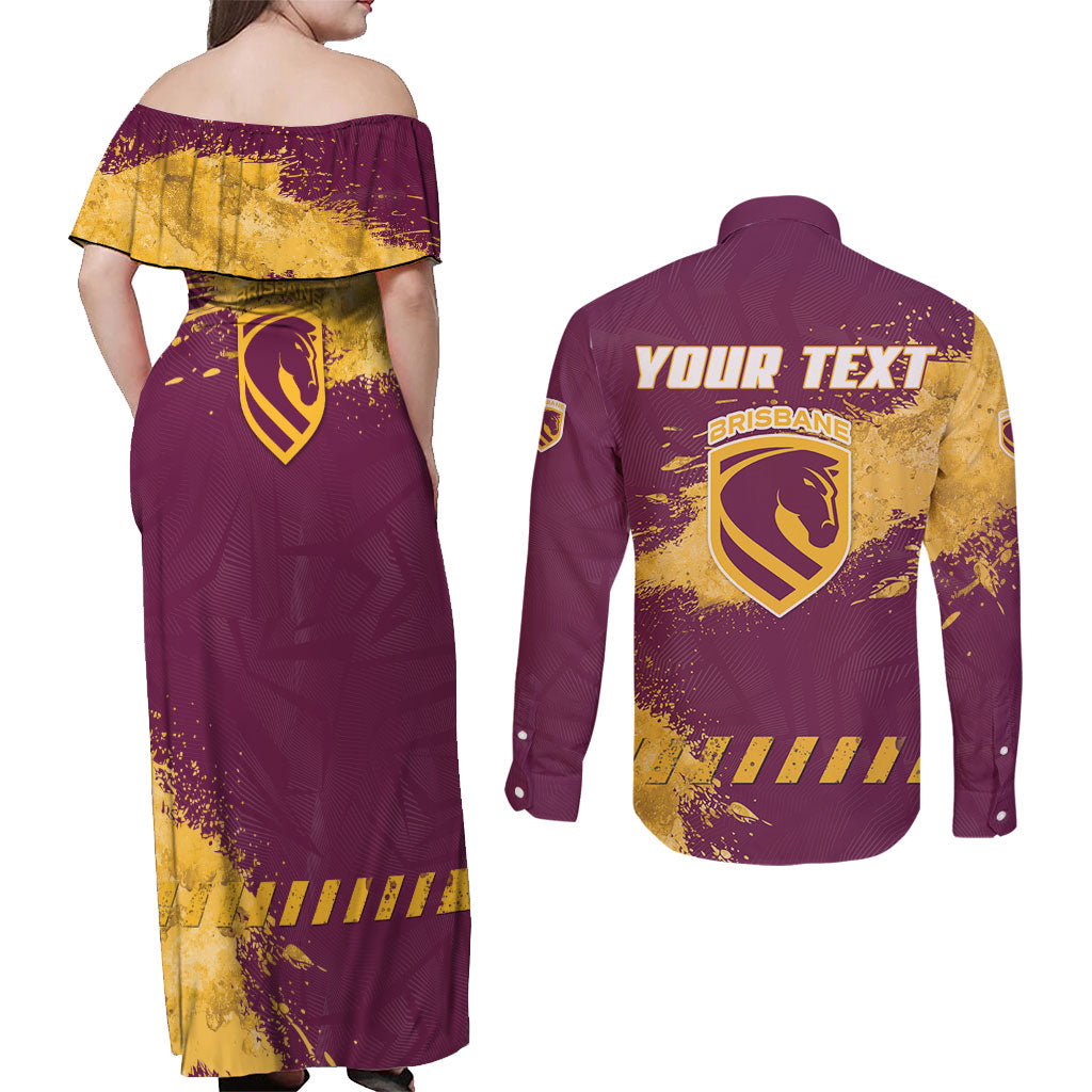 Personalised Brisbane Broncos Rugby Couples Matching Off Shoulder Maxi Dress and Long Sleeve Button Shirt Bronx Mascot Grunge Maroon Gold - Sporty Splash Art Style