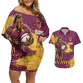 Personalised Brisbane Broncos Rugby Couples Matching Off Shoulder Short Dress and Hawaiian Shirt Bronx Mascot Grunge Maroon Gold - Sporty Splash Art Style
