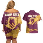 Personalised Brisbane Broncos Rugby Couples Matching Off Shoulder Short Dress and Hawaiian Shirt Bronx Mascot Grunge Maroon Gold - Sporty Splash Art Style