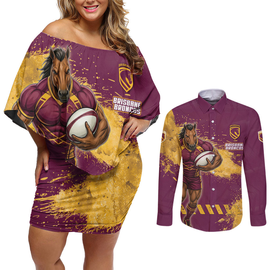 Personalised Brisbane Broncos Rugby Couples Matching Off Shoulder Short Dress and Long Sleeve Button Shirt Bronx Mascot Grunge Maroon Gold - Sporty Splash Art Style