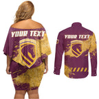 Personalised Brisbane Broncos Rugby Couples Matching Off Shoulder Short Dress and Long Sleeve Button Shirt Bronx Mascot Grunge Maroon Gold - Sporty Splash Art Style