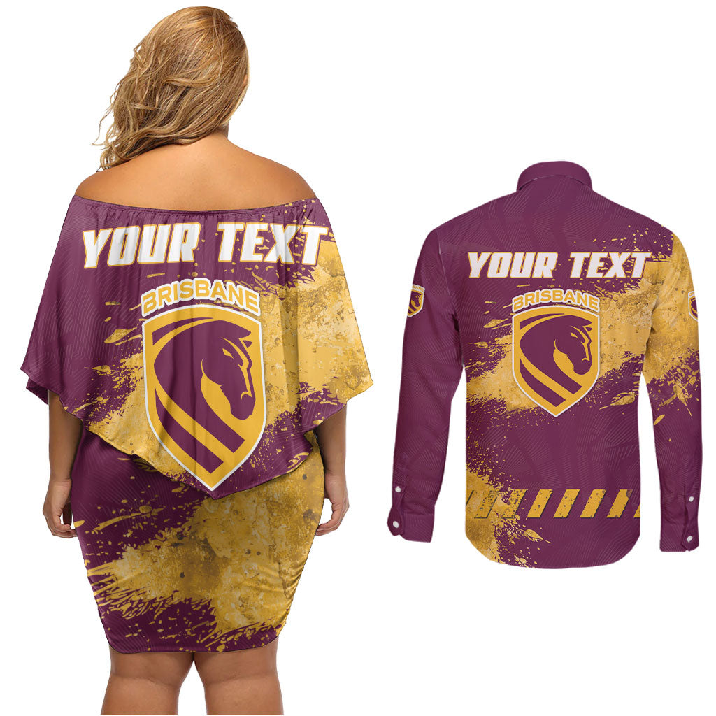 Personalised Brisbane Broncos Rugby Couples Matching Off Shoulder Short Dress and Long Sleeve Button Shirt Bronx Mascot Grunge Maroon Gold - Sporty Splash Art Style