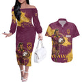 Personalised Brisbane Broncos Rugby Couples Matching Off The Shoulder Long Sleeve Dress and Hawaiian Shirt Bronx Mascot Grunge Maroon Gold - Sporty Splash Art Style