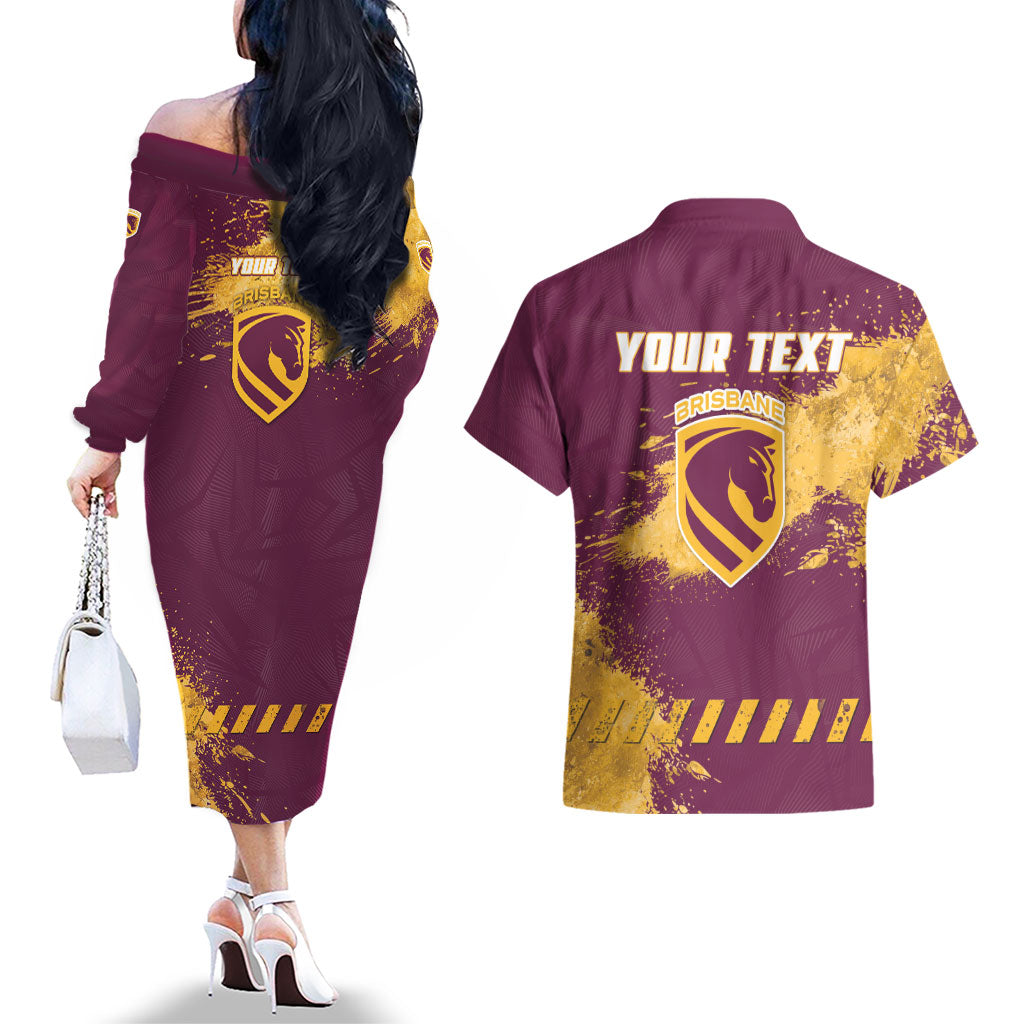 Personalised Brisbane Broncos Rugby Couples Matching Off The Shoulder Long Sleeve Dress and Hawaiian Shirt Bronx Mascot Grunge Maroon Gold - Sporty Splash Art Style