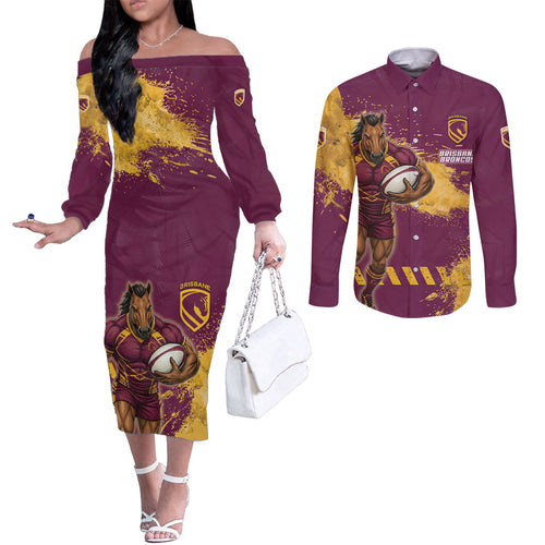 Personalised Brisbane Broncos Rugby Couples Matching Off The Shoulder Long Sleeve Dress and Long Sleeve Button Shirt Bronx Mascot Grunge Maroon Gold - Sporty Splash Art Style