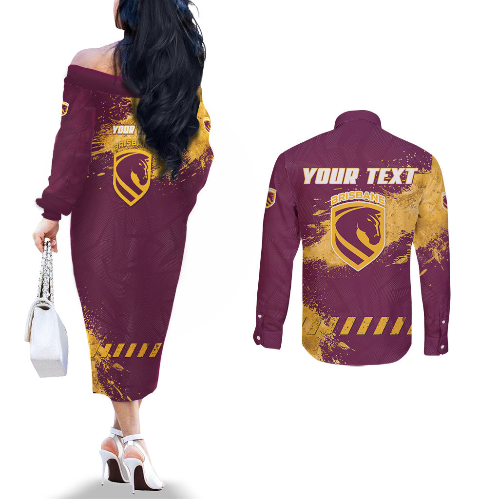 Personalised Brisbane Broncos Rugby Couples Matching Off The Shoulder Long Sleeve Dress and Long Sleeve Button Shirt Bronx Mascot Grunge Maroon Gold - Sporty Splash Art Style