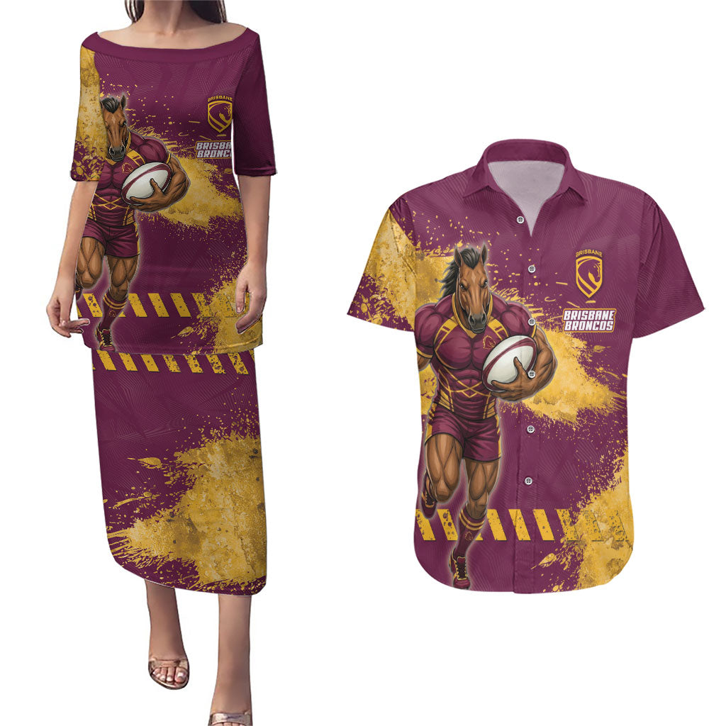 Personalised Brisbane Broncos Rugby Couples Matching Puletasi and Hawaiian Shirt Bronx Mascot Grunge Maroon Gold - Sporty Splash Art Style