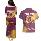 Personalised Brisbane Broncos Rugby Couples Matching Puletasi and Hawaiian Shirt Bronx Mascot Grunge Maroon Gold - Sporty Splash Art Style