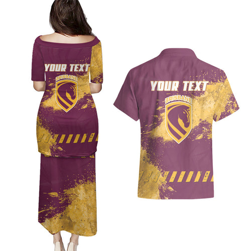 Personalised Brisbane Broncos Rugby Couples Matching Puletasi and Hawaiian Shirt Bronx Mascot Grunge Maroon Gold - Sporty Splash Art Style