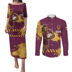 Personalised Brisbane Broncos Rugby Couples Matching Puletasi and Long Sleeve Button Shirt Bronx Mascot Grunge Maroon Gold - Sporty Splash Art Style
