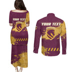 Personalised Brisbane Broncos Rugby Couples Matching Puletasi and Long Sleeve Button Shirt Bronx Mascot Grunge Maroon Gold - Sporty Splash Art Style