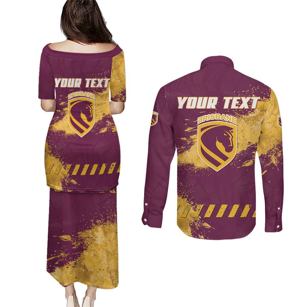 Personalised Brisbane Broncos Rugby Couples Matching Puletasi and Long Sleeve Button Shirt Bronx Mascot Grunge Maroon Gold - Sporty Splash Art Style