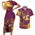 Personalised Brisbane Broncos Rugby Couples Matching Short Sleeve Bodycon Dress and Hawaiian Shirt Bronx Mascot Grunge Maroon Gold - Sporty Splash Art Style