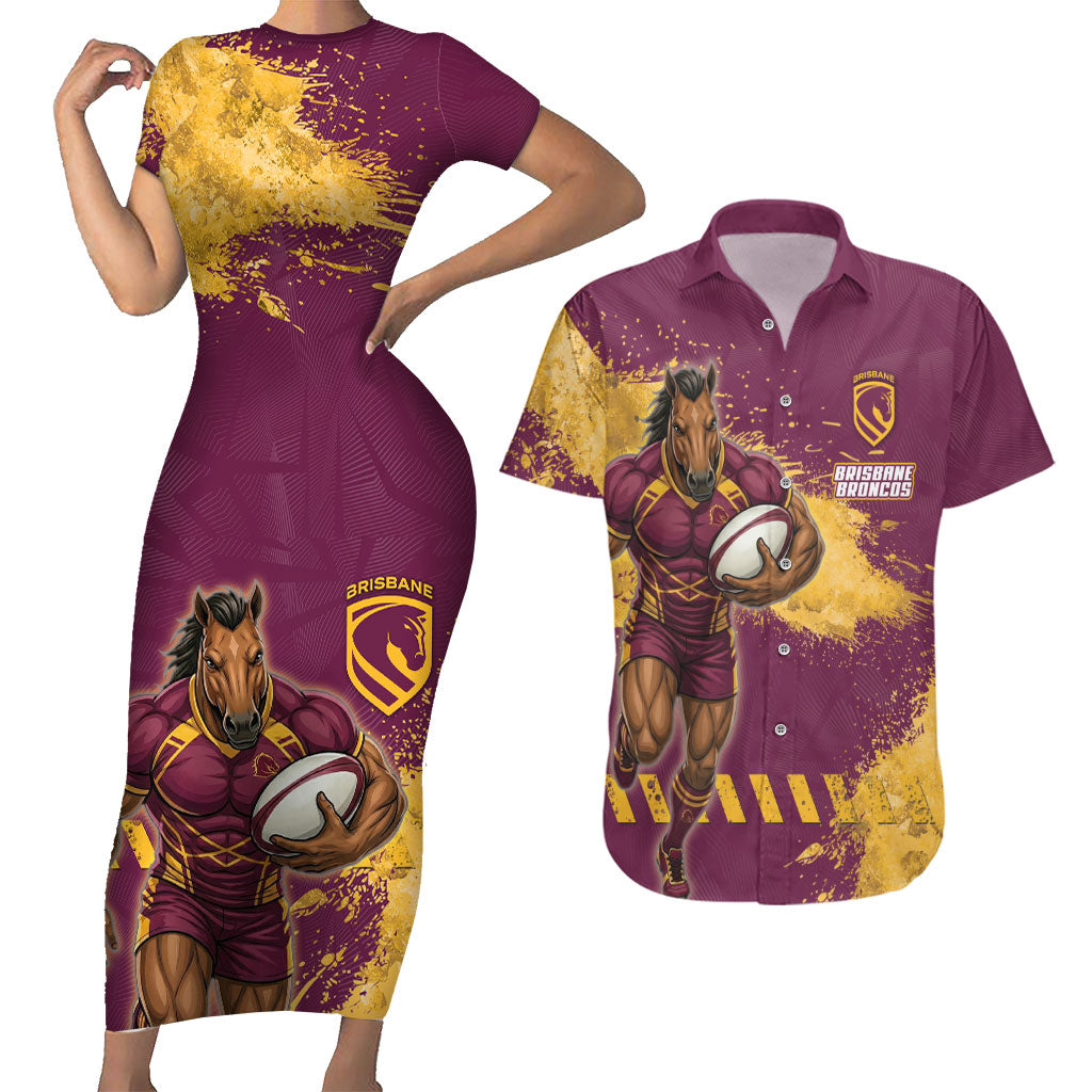 Personalised Brisbane Broncos Rugby Couples Matching Short Sleeve Bodycon Dress and Hawaiian Shirt Bronx Mascot Grunge Maroon Gold - Sporty Splash Art Style