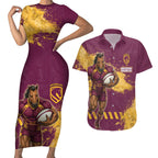 Personalised Brisbane Broncos Rugby Couples Matching Short Sleeve Bodycon Dress and Hawaiian Shirt Bronx Mascot Grunge Maroon Gold - Sporty Splash Art Style