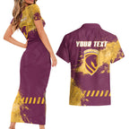 Personalised Brisbane Broncos Rugby Couples Matching Short Sleeve Bodycon Dress and Hawaiian Shirt Bronx Mascot Grunge Maroon Gold - Sporty Splash Art Style
