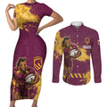 Personalised Brisbane Broncos Rugby Couples Matching Short Sleeve Bodycon Dress and Long Sleeve Button Shirt Bronx Mascot Grunge Maroon Gold - Sporty Splash Art Style