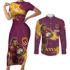 Personalised Brisbane Broncos Rugby Couples Matching Short Sleeve Bodycon Dress and Long Sleeve Button Shirt Bronx Mascot Grunge Maroon Gold - Sporty Splash Art Style