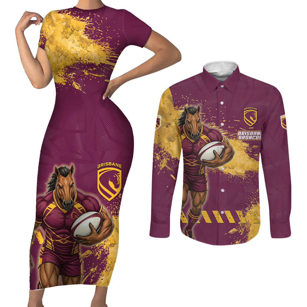 Personalised Brisbane Broncos Rugby Couples Matching Short Sleeve Bodycon Dress and Long Sleeve Button Shirt Bronx Mascot Grunge Maroon Gold - Sporty Splash Art Style