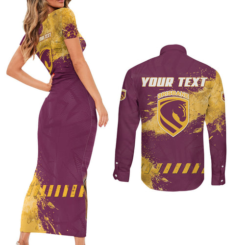 Personalised Brisbane Broncos Rugby Couples Matching Short Sleeve Bodycon Dress and Long Sleeve Button Shirt Bronx Mascot Grunge Maroon Gold - Sporty Splash Art Style