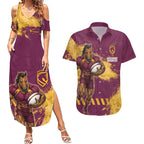Personalised Brisbane Broncos Rugby Couples Matching Summer Maxi Dress and Hawaiian Shirt Bronx Mascot Grunge Maroon Gold - Sporty Splash Art Style