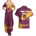 Personalised Brisbane Broncos Rugby Couples Matching Summer Maxi Dress and Hawaiian Shirt Bronx Mascot Grunge Maroon Gold - Sporty Splash Art Style