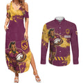 Personalised Brisbane Broncos Rugby Couples Matching Summer Maxi Dress and Long Sleeve Button Shirt Bronx Mascot Grunge Maroon Gold - Sporty Splash Art Style